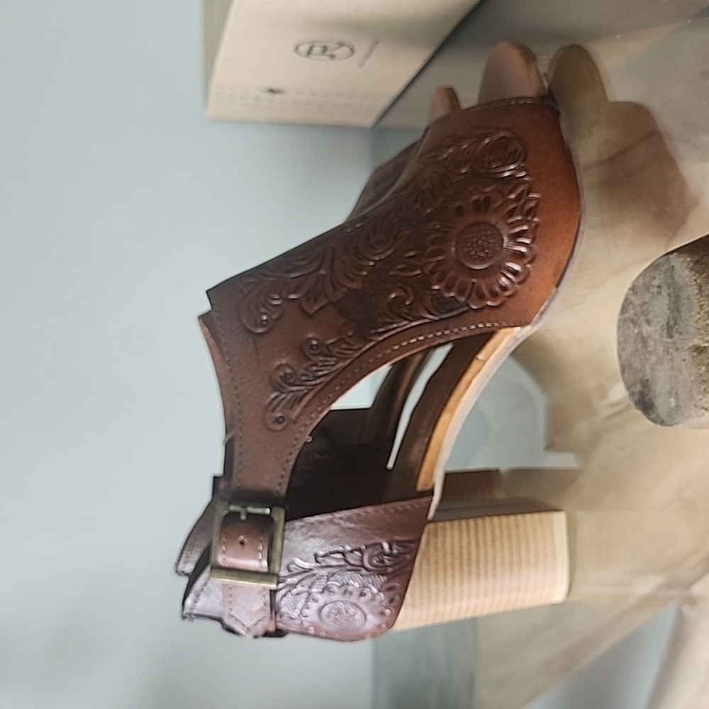 ROPER Mika Closed Back Open Toe Embossed Brown Leather Heels Womens 9.5 - Picture 5 of 9